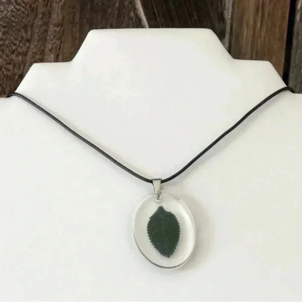 Dark Green Leaf Resin Oval Black Waxed Cord Necklace Handmade New NWT